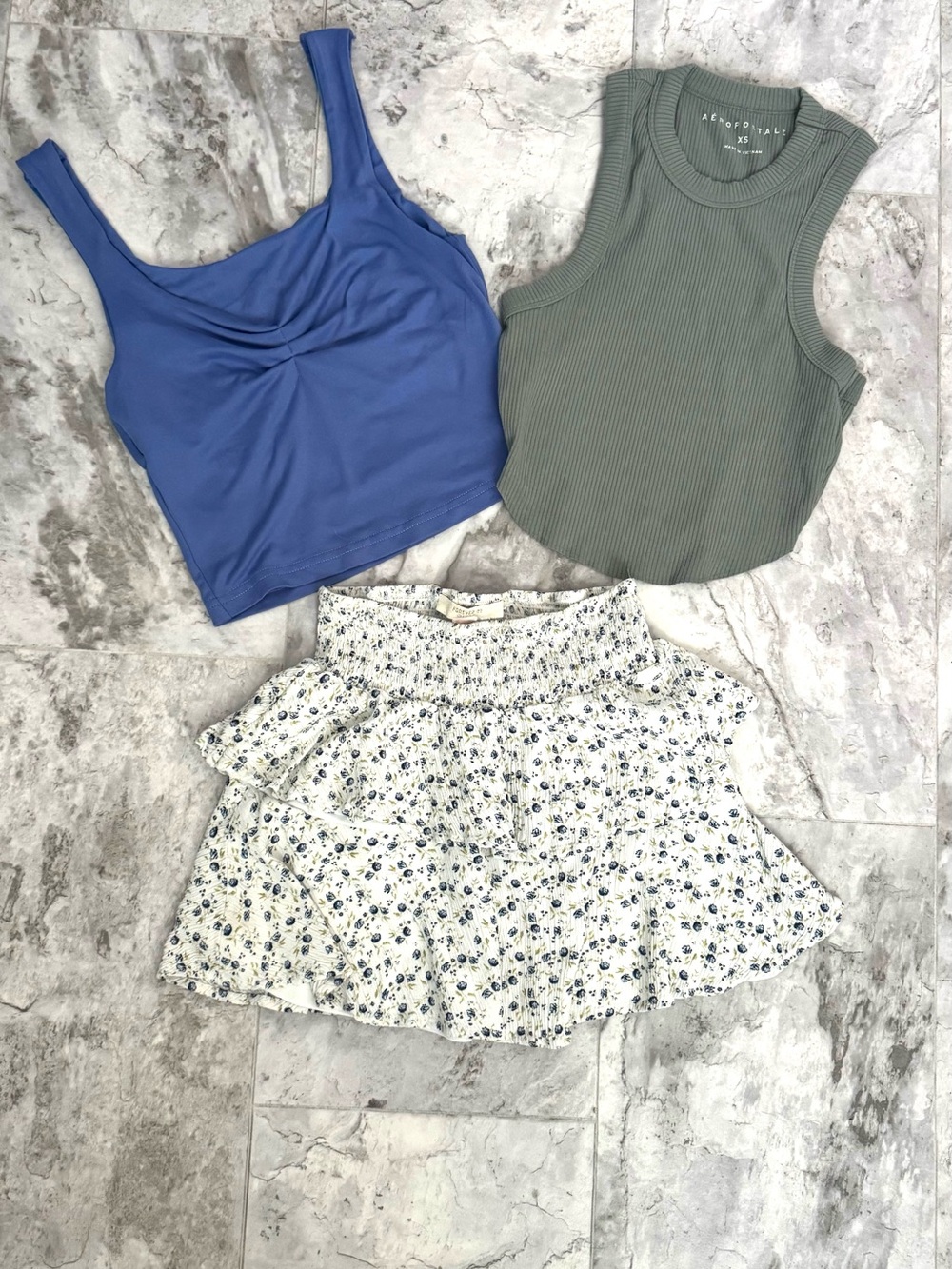 Blue Twist Front Crop Top + Olive Ribbed Tank + White Floral Mini Skirt Trio